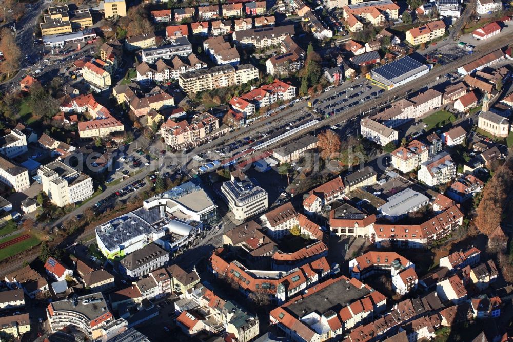 Aerial photograph Bad Säckingen - Station railway building of the Deutsche Bahn and city center in Bad Saeckingen in the state Baden-Wurttemberg, Germany