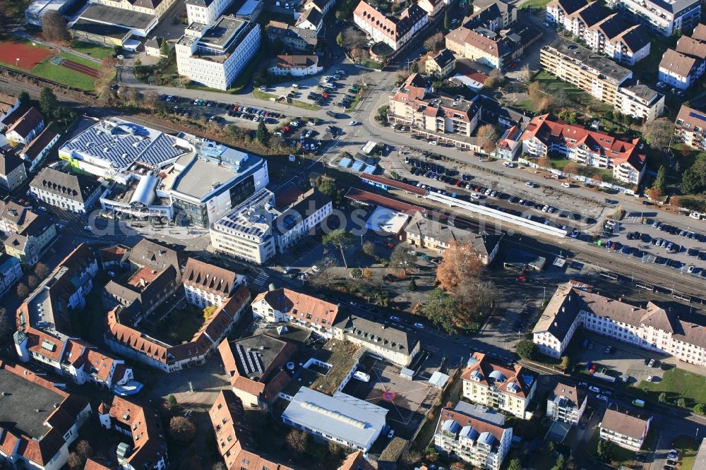 Bad Säckingen from above - Station railway building of the Deutsche Bahn and city center in Bad Saeckingen in the state Baden-Wurttemberg, Germany