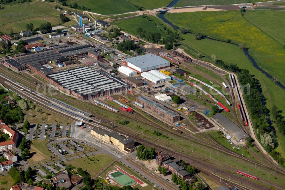 Aerial photograph Wittenberge - Station railway building of the Deutsche Bahn in Wittenberge in the state Brandenburg, Germany