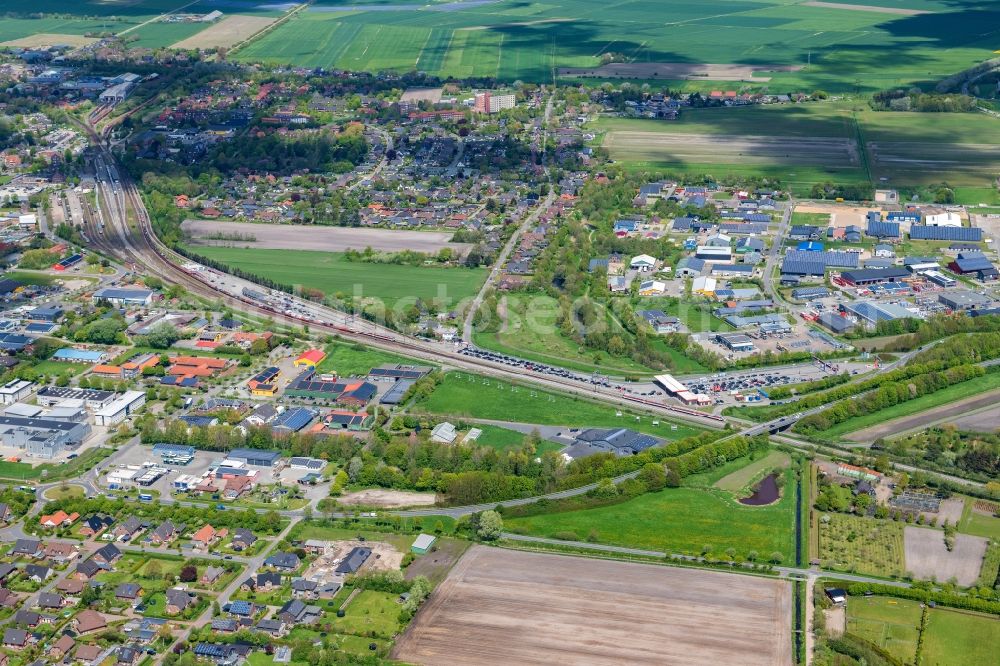 Niebüll from above - Station railway building of the Deutsche Bahn Sylt-Shuttle in Niebuell in the state Schleswig-Holstein, Germany