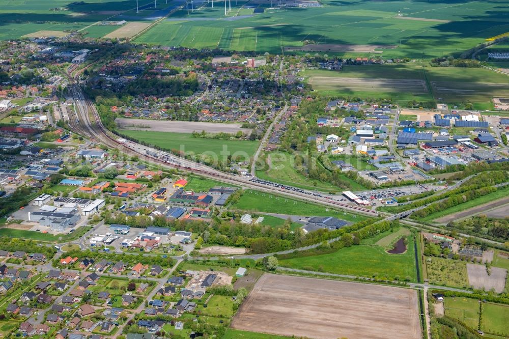 Niebüll from the bird's eye view: Station railway building of the Deutsche Bahn Sylt-Shuttle in Niebuell in the state Schleswig-Holstein, Germany