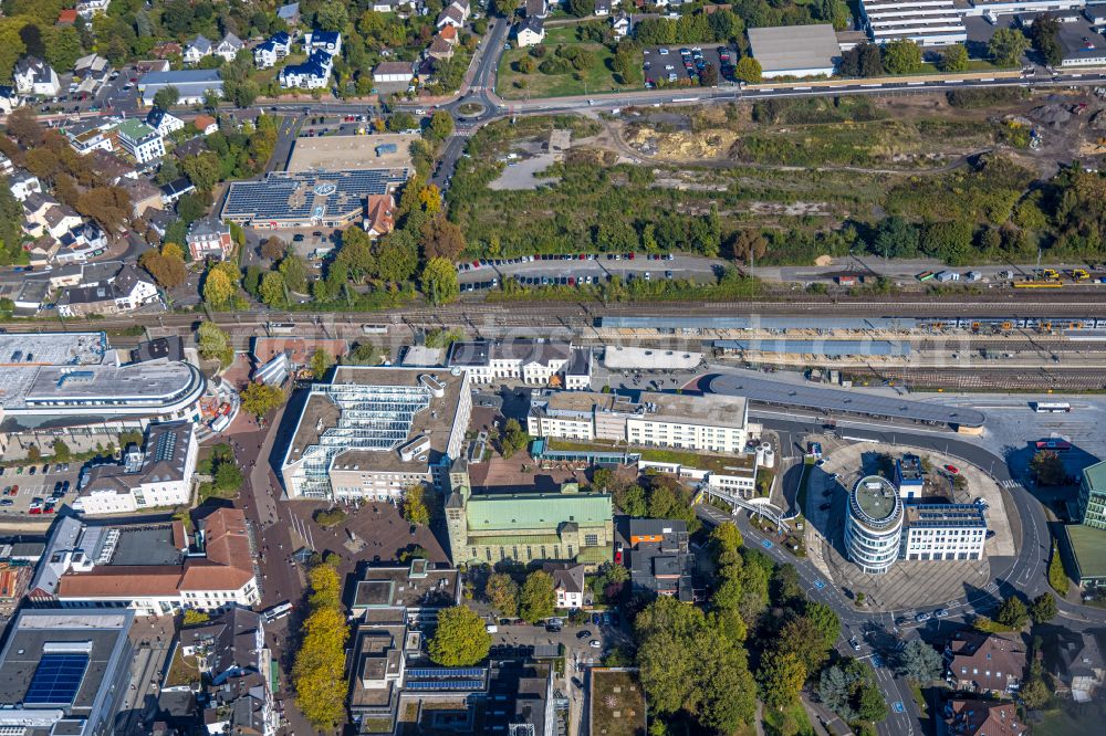 Aerial image Unna - Station railway building of the Deutsche Bahn on street Bahnhofstrasse in Unna at Ruhrgebiet in the state North Rhine-Westphalia, Germany