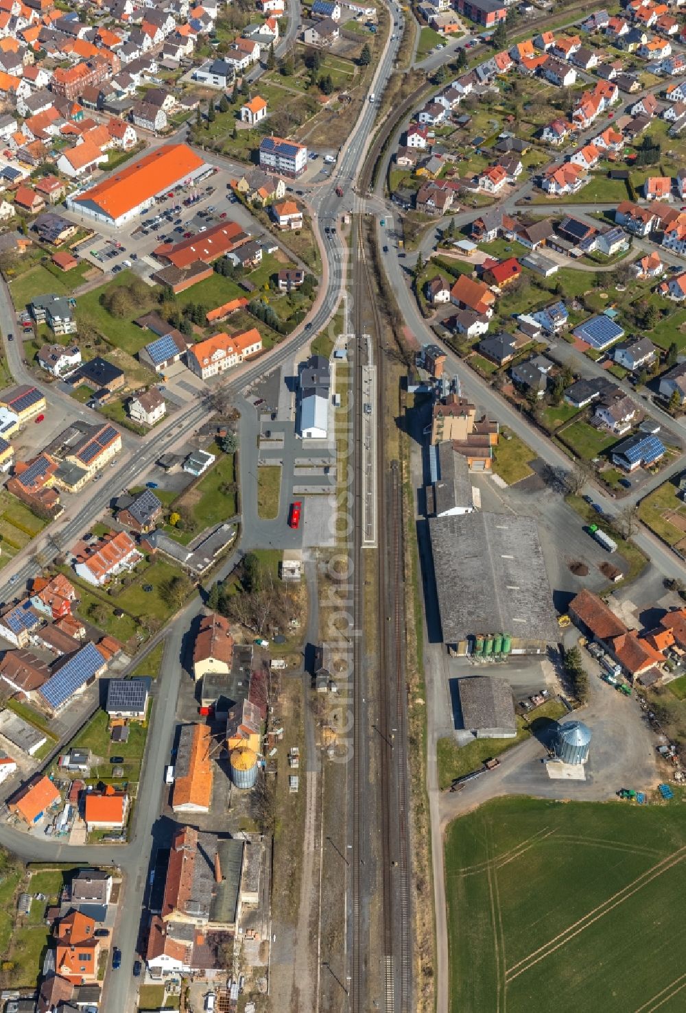 Volkmarsen from the bird's eye view: Station railway building of the Deutsche Bahn in Volkmarsen in the state Hesse, Germany