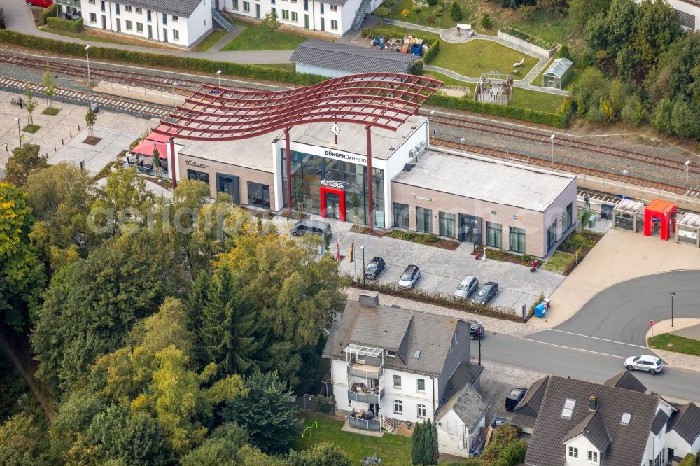 Winterberg from above - Station railway building of the Deutsche Bahn in Winterberg in the state North Rhine-Westphalia, Germany