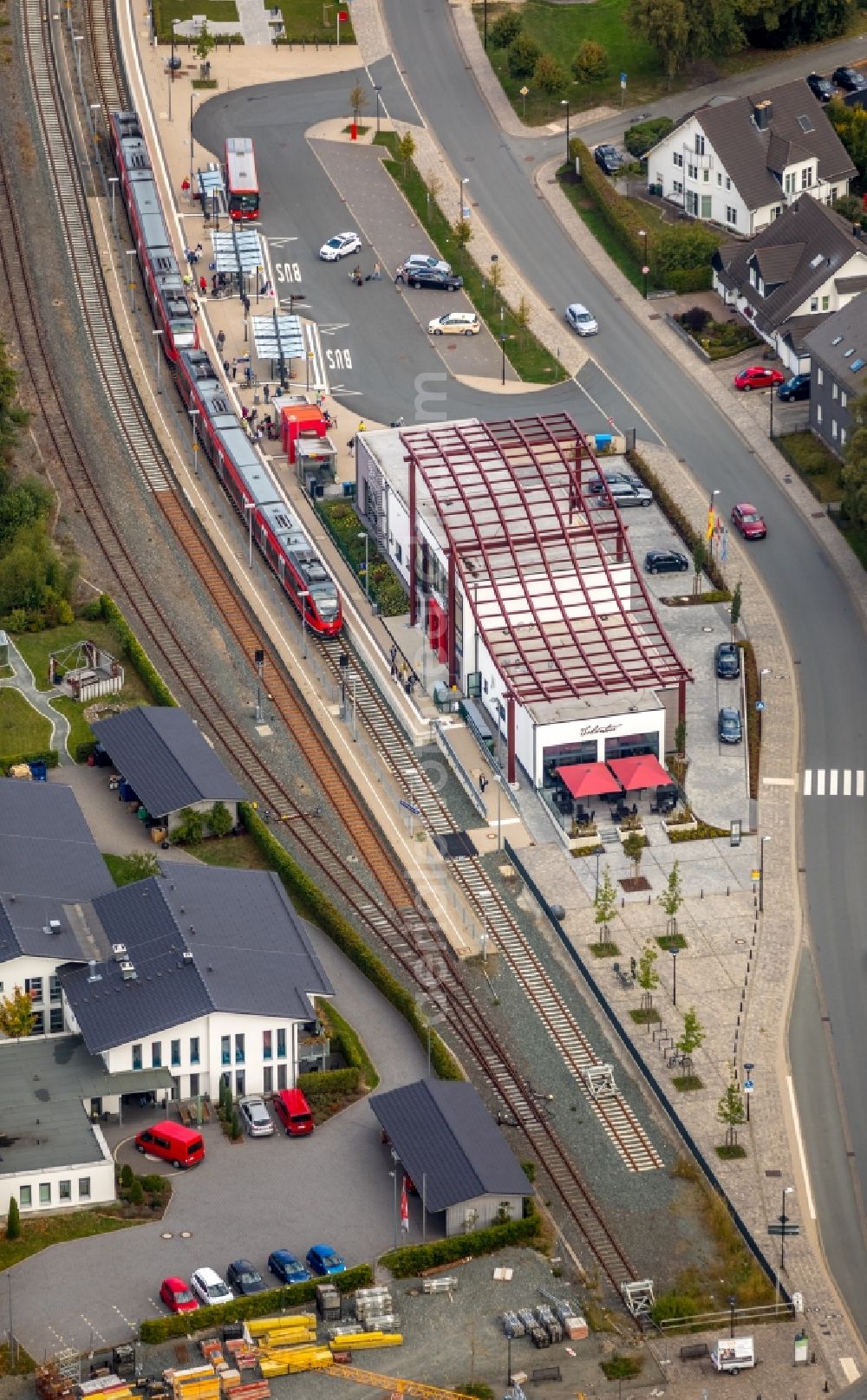 Winterberg from above - Station railway building of the Deutsche Bahn in Winterberg in the state North Rhine-Westphalia, Germany