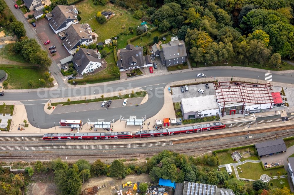 Winterberg from above - Station railway building of the Deutsche Bahn in Winterberg in the state North Rhine-Westphalia, Germany