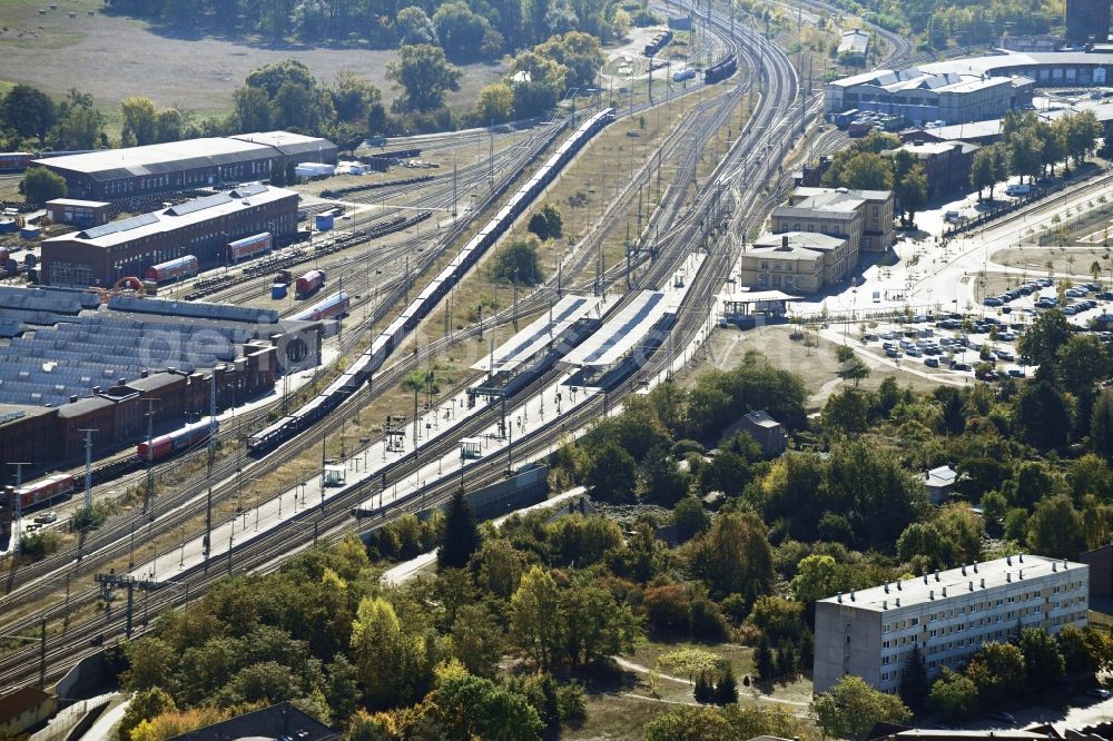 Wittenberge from the bird's eye view: Station railway building of the Deutsche Bahn in Wittenberge in the state Brandenburg, Germany