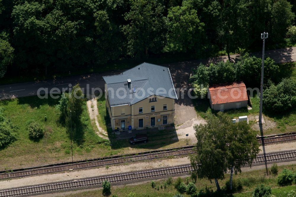 Niederarnbach from above - Train station railway building on ehemaligen Bahnhof in Niederarnbach in the state Bavaria, Germany