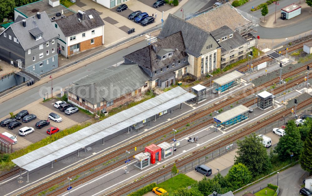 Erndtebrück from above - Train station railway building in Erndtebrueck on Siegerland in the state North Rhine-Westphalia, Germany