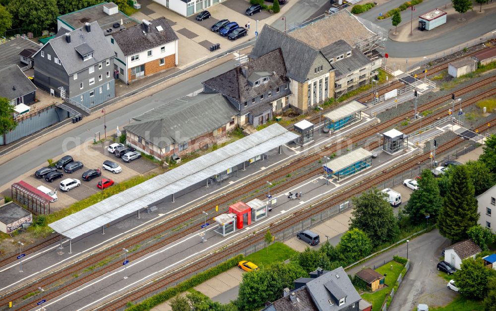 Erndtebrück from the bird's eye view: Train station railway building in Erndtebrueck on Siegerland in the state North Rhine-Westphalia, Germany