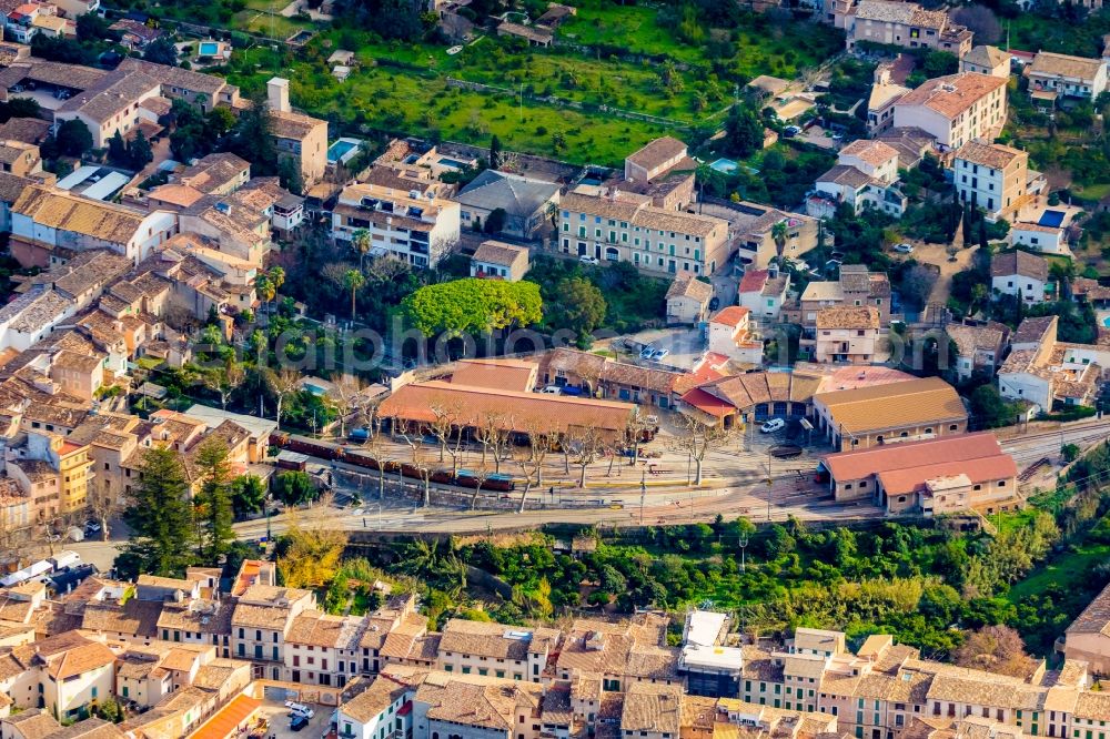 Aerial image Soller - Train station railway building Ferrocarril de SA?ller in Soller in Balearic Islands, Spain