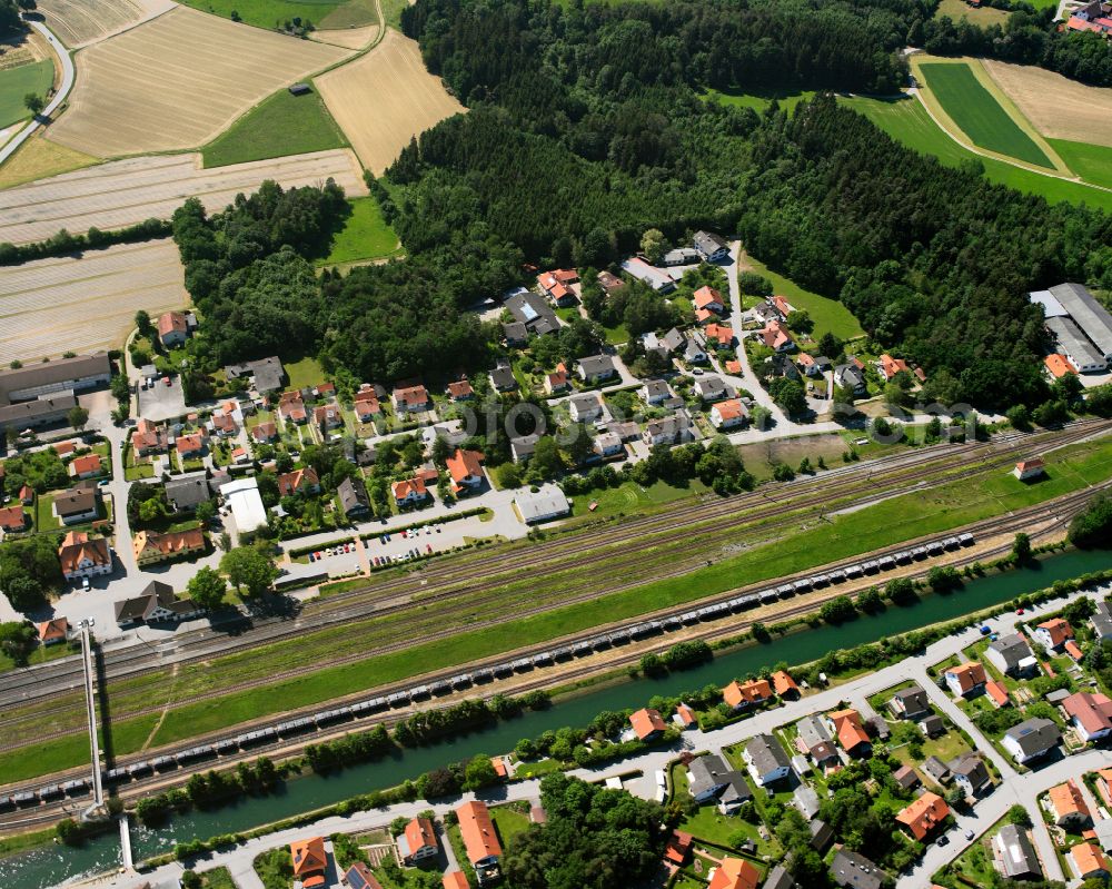 Garching an der Alz from above - Train station railway building in Garching an der Alz in the state Bavaria, Germany