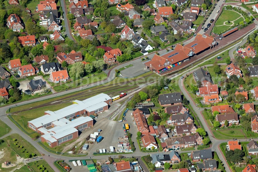 Aerial photograph Langeoog - Train station railway building on Inselbahnhof Langeoog in Langeoog in the state Lower Saxony, Germany