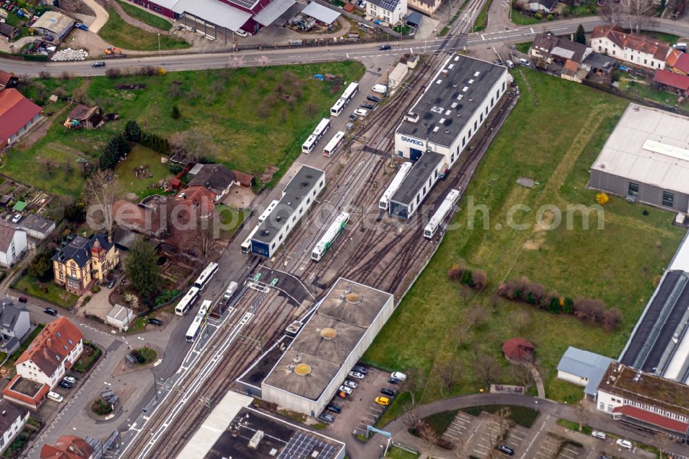 Aerial photograph Endingen am Kaiserstuhl - Train station railway building Der Kaiserstuhl Bahn, SWEG Verkehrsbetriebe in Endingen am Kaiserstuhl in the state Baden-Wurttemberg, Germany