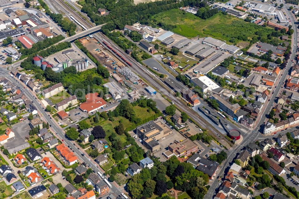 Aerial image Beckum - Station railway building of the Deutsche Bahn and cultural centre in Beckum in the state North Rhine-Westphalia, Germany