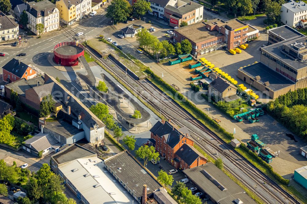 Beckum from above - Station railway building of the Deutsche Bahn and cultural centre in Beckum in the state North Rhine-Westphalia, Germany