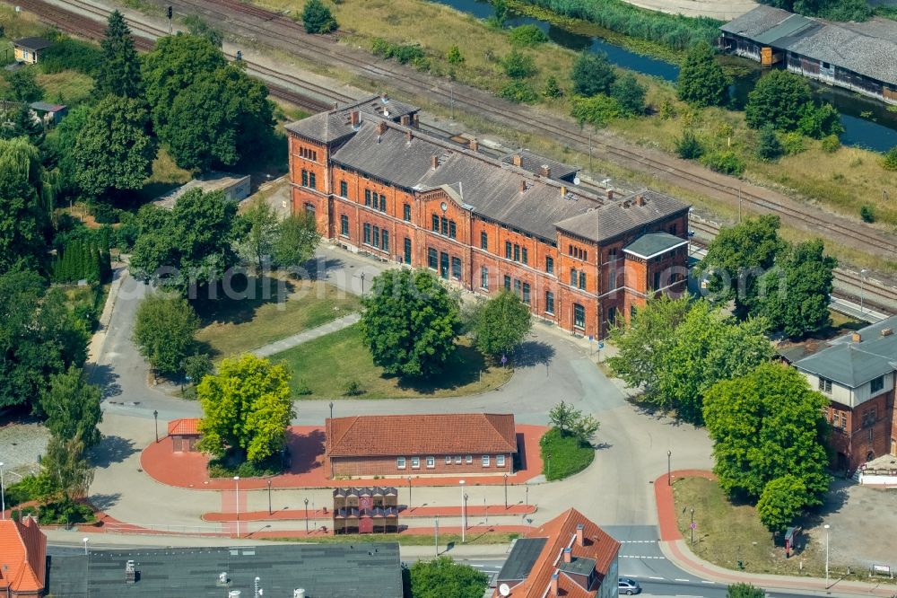 Malchin from above - Station railway building at Poststreet in Malchin in the state Mecklenburg - Western Pomerania