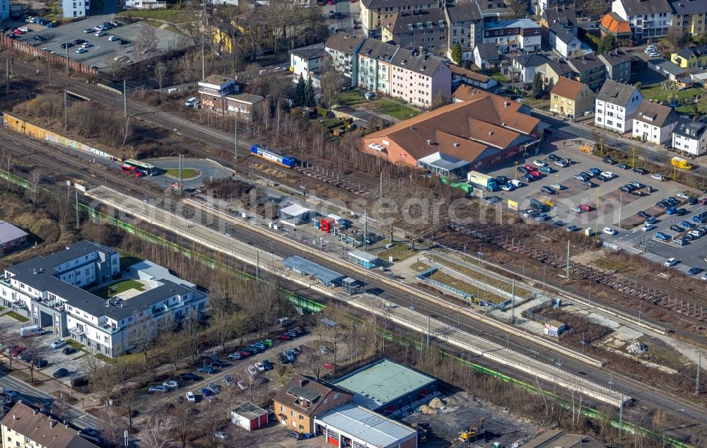 Aerial image Holzwickede - Train station railway building Am Bahnhof in the district Brackel in Holzwickede at Ruhrgebiet in the state North Rhine-Westphalia, Germany