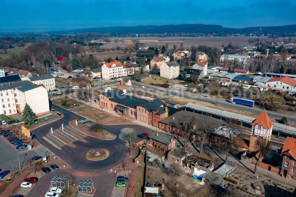 Bad Freienwalde (Oder) from above - Train station railway building of Regionalbahn in Bad Freienwalde (Oder) in the state Brandenburg, Germany