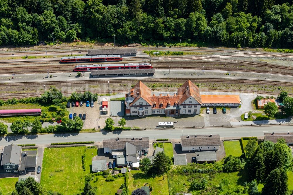 Brilon from above - Station railway building of the Deutsche Bahn in Brilon in the state North Rhine-Westphalia, Germany