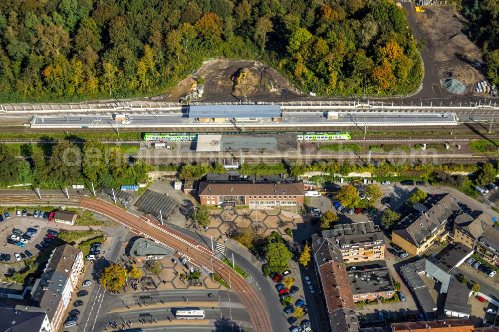 Aerial image Dinslaken - Train station railway building with tunnel work in Dinslaken at Ruhrgebiet in the state North Rhine-Westphalia, Germany