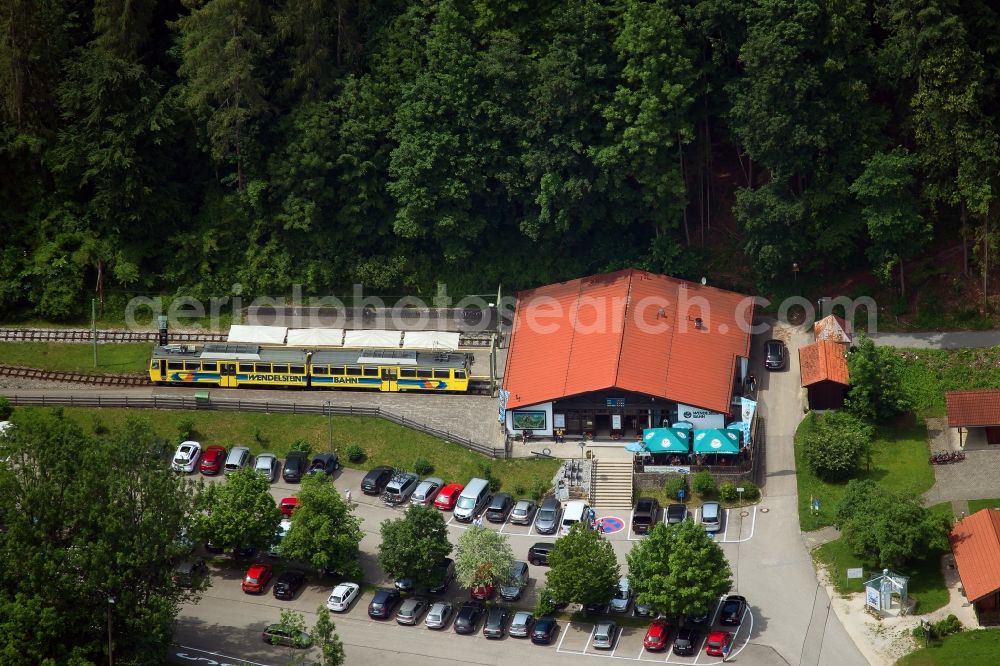 Brannenburg from above - Train station railway building Wendelsteinbahn Talbahnhof in the district Milbing in Brannenburg in the state Bavaria, Germany