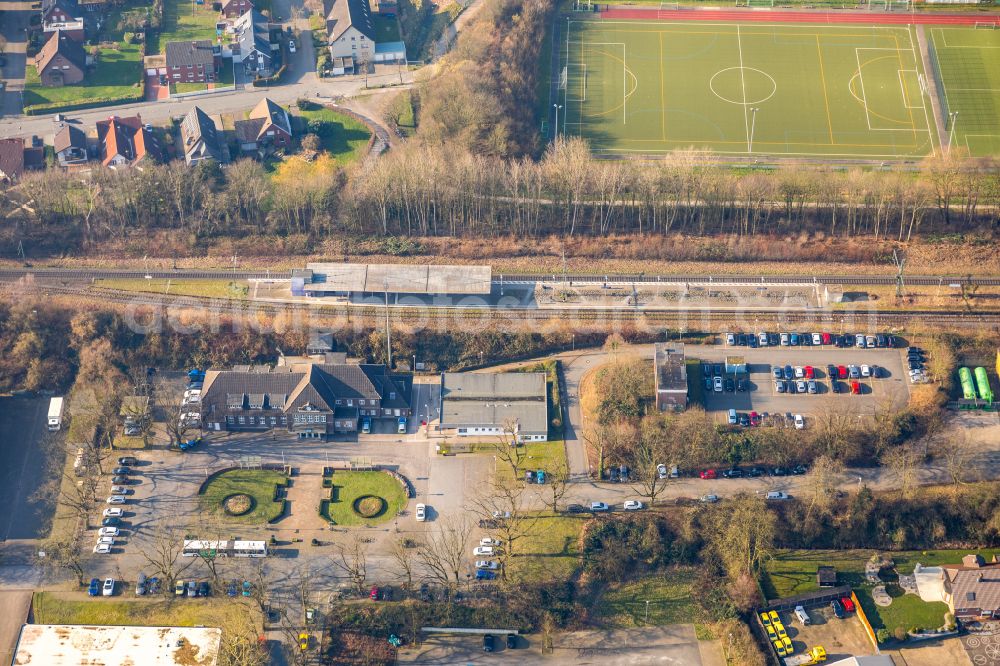 Werne from above - Train station railway building in Werne at Ruhrgebiet in the state North Rhine-Westphalia, Germany