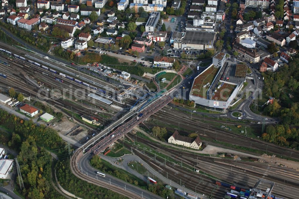 Weil am Rhein from the bird's eye view: Station and railway building of the Deutsche Bahn and Friedensbruecke in Weil am Rhein in the state Baden-Wuerttemberg, Germany