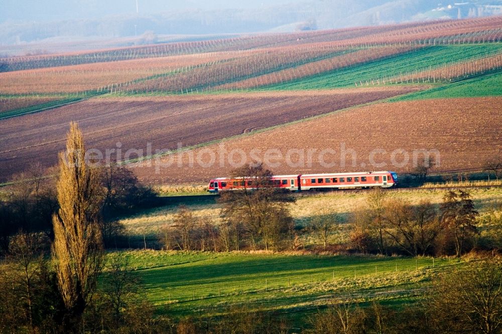 Oberhausen from the bird's eye view: Station railway and regional train of the Deutsche Bahn in Oberhausen in the state Rhineland-Palatinate