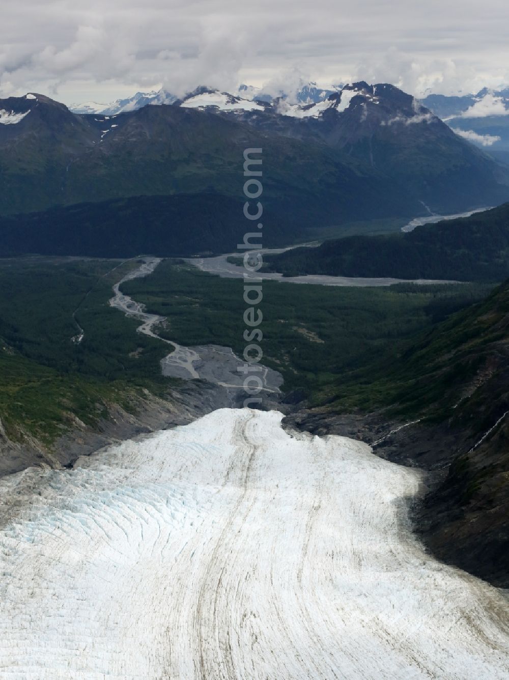 Aerial image Kenai Fjords National Park - Glacier tongues of Aialik Glacier in Kenai Fjords National Park on the Kenai Peninsula in Alaska in the United States of America USA