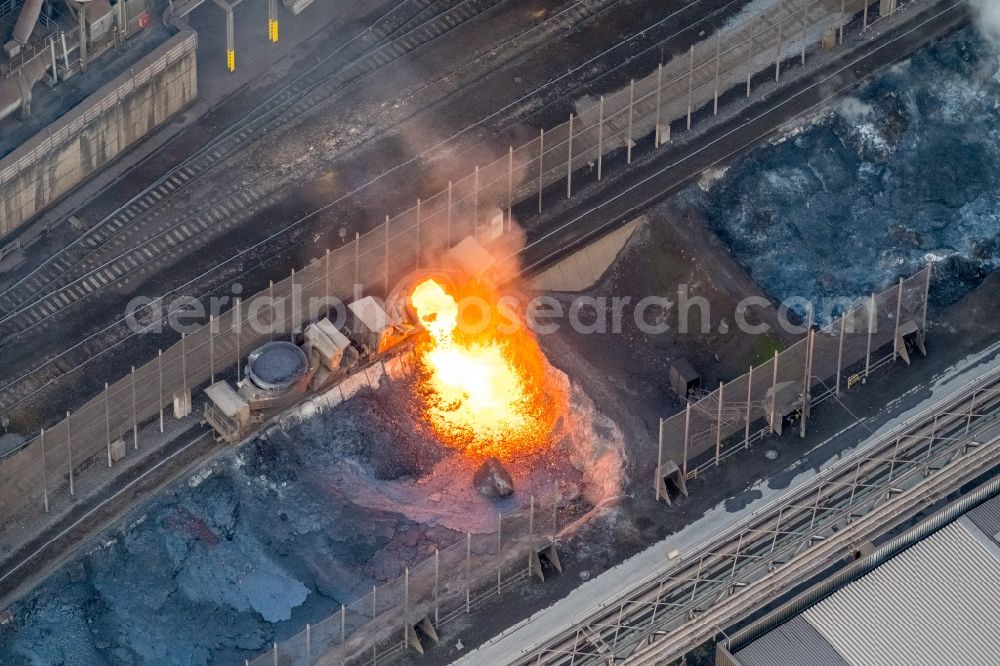 Aerial image Duisburg - View of incandescent slag in Duisburg in the state North Rhine-Westphalia