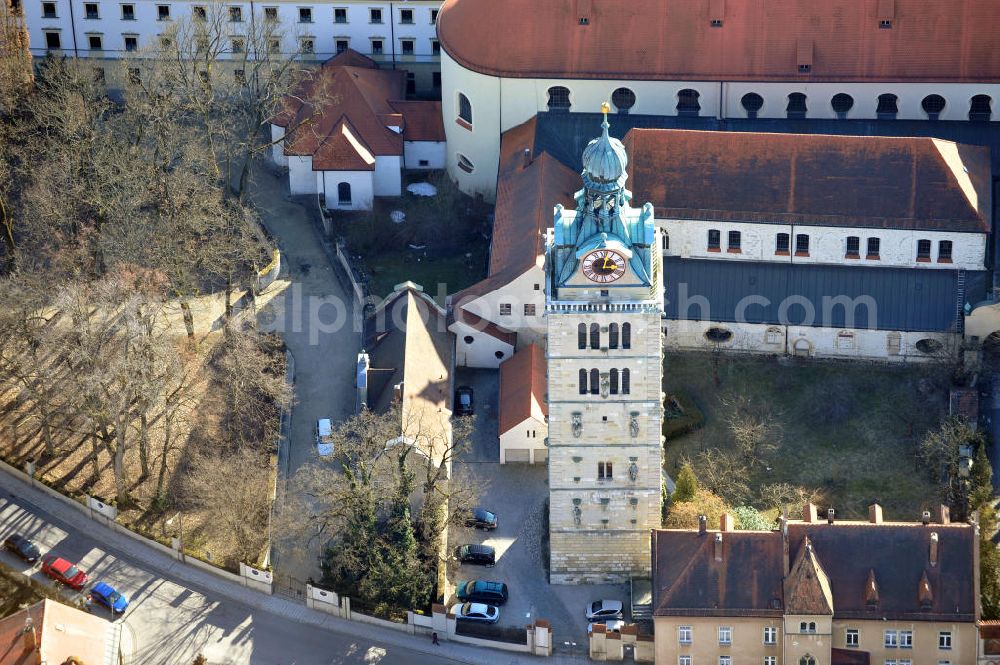 Regensburg from the bird's eye view: Der Glockenturm des ehemaligen Benediktiner-Klosters St. Emmeram am Sankt-Peters-Weg in Regensburg in Bayern. The bell tower of the former Benedictine abbey / monastery St. Emmeram at the street Sankt-Peters-Weg in Ratisbon in Bavaria.