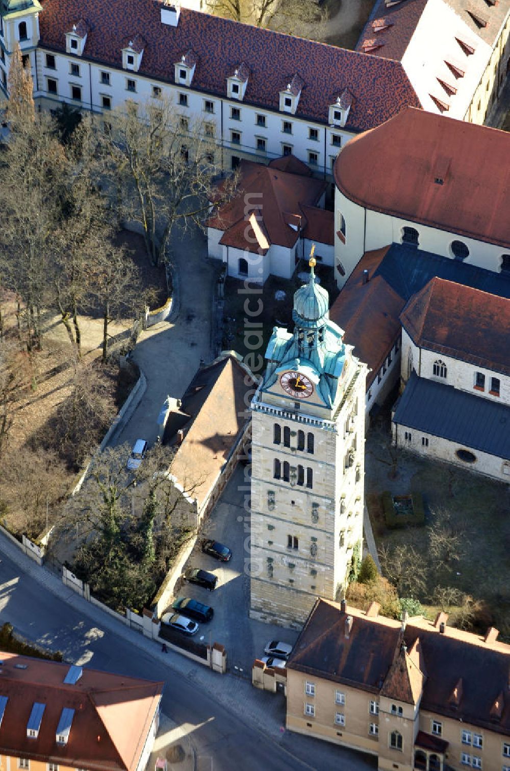 Aerial image Regensburg - Der Glockenturm des ehemaligen Benediktiner-Klosters St. Emmeram am Sankt-Peters-Weg in Regensburg in Bayern. The bell tower of the former Benedictine abbey / monastery St. Emmeram at the street Sankt-Peters-Weg in Ratisbon in Bavaria.