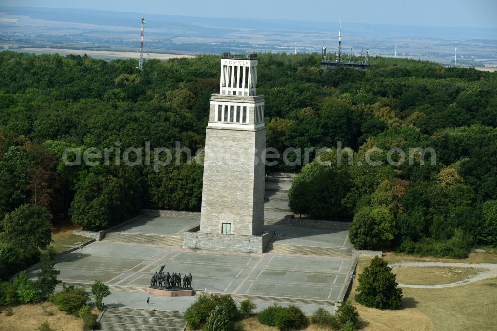 Aerial image Weimar - Tourist attraction of the historic monument Nationale Mahn- and Gedenkstaette of DDR Buchenwald in the district Ettersberg in Weimar in the state Thuringia, Germany