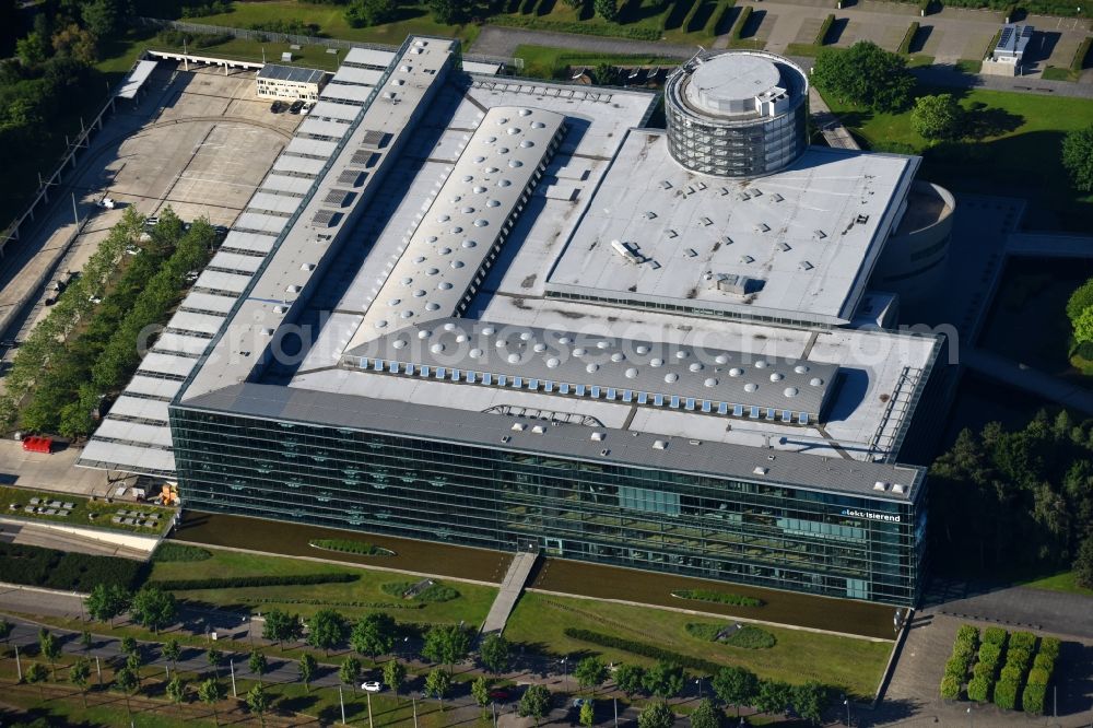 Dresden from above - VW transparent factory in Dresden in Saxony. The transparent factory is a Dresden automobile factory of Volkswagen AG, which is operated by the Volkswagen Sachsen GmbH