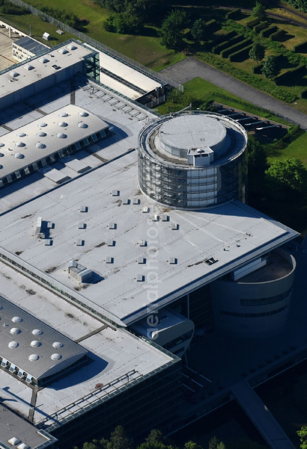 Dresden from above - VW transparent factory in Dresden in Saxony. The transparent factory is a Dresden automobile factory of Volkswagen AG, which is operated by the Volkswagen Sachsen GmbH