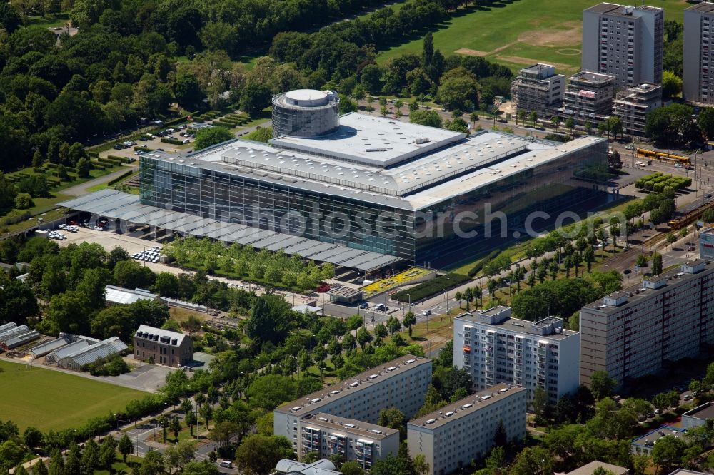 Dresden from above - VW transparent factory in Dresden in Saxony. The transparent factory is a Dresden automobile factory of Volkswagen AG, which is operated by the Volkswagen Sachsen GmbH