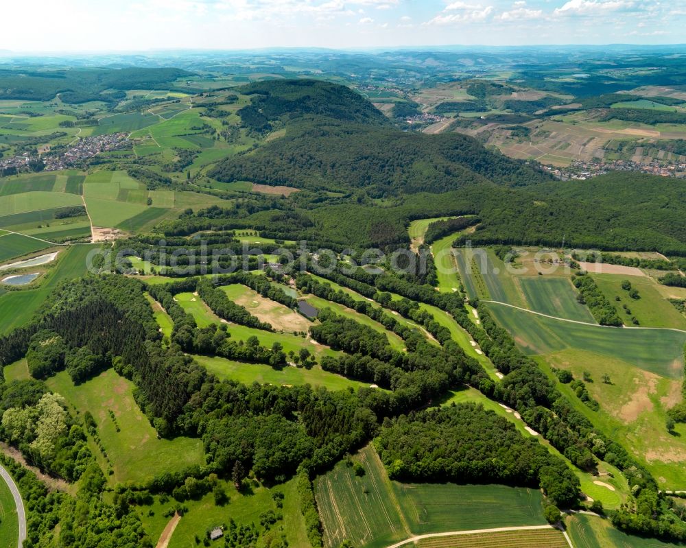 Bad Münster am Stein-Ebernburg from the bird's eye view: Golf Club Nahetal in Bad Muenster in the state of Rhineland-Palatinate. The club and golf course is located in the South of Bad Muenster amidst hills and forest on a slope above the Grasbach creek