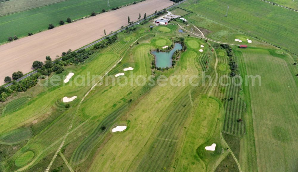 Zschepplin OT Hohenprießnitz from the bird's eye view: Auf dem Golfplatz Dübener Heide trainieren und spielen die Mitglieder des Leipziger Golfclub e.V.. The golf course Duebener Heide in Hohenpriessnitz is the training ground of the Leipiger Golfclub e.V..