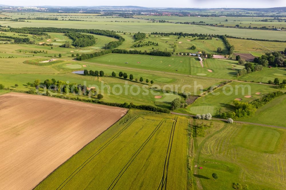 Mühlberg from above - Grounds of the Golf course at Drei Gleichen Muehlberg e.V. in Muehlberg in the state Thuringia, Germany