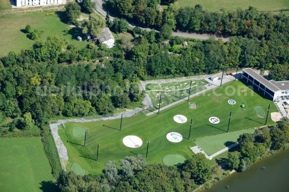 Stuttgart from above - Golf course and driving range on site of the Citygolf on the riverbank of the river Neckar in Stuttgart in the state of Baden-Wuerttemberg