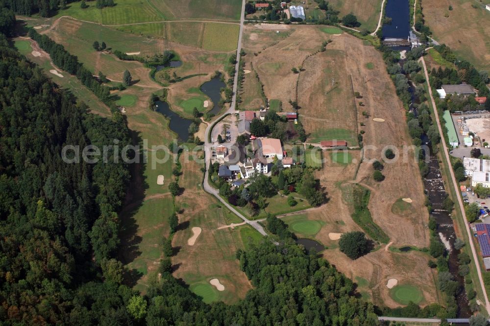 Aerial photograph Schopfheim - Grounds of the Golf course at Ehner-Fahrnau in Schopfheim in the state Baden-Wurttemberg, Germany. The drought in summer 2018 lets the green grass get brown