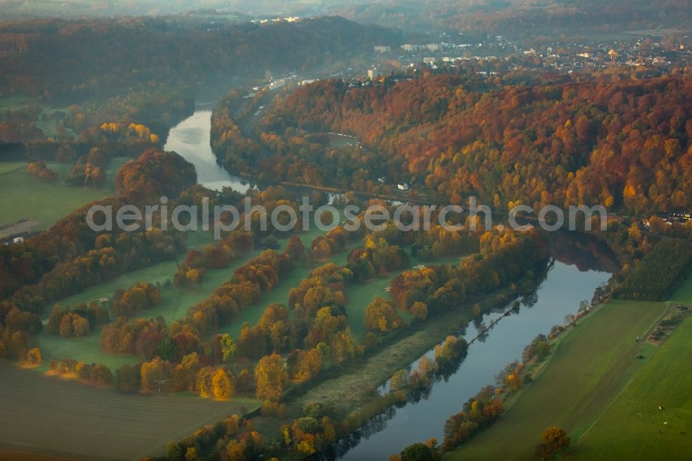 Essen from above - Grounds of the Golf course of the Golf Club Haus Oefte e.V. on the autumnal riverbank of the Ruhr in Essen in the state of North Rhine-Westphalia