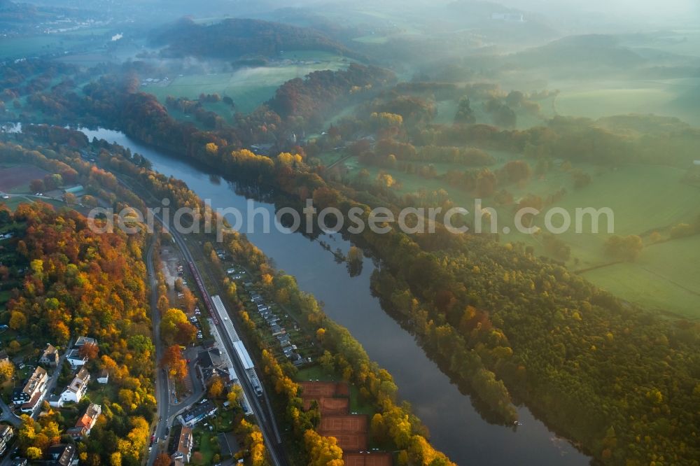 Aerial image Essen - Grounds of the Golf course of the Golf Club Haus Oefte e.V. on the autumnal riverbank of the Ruhr in Essen in the state of North Rhine-Westphalia