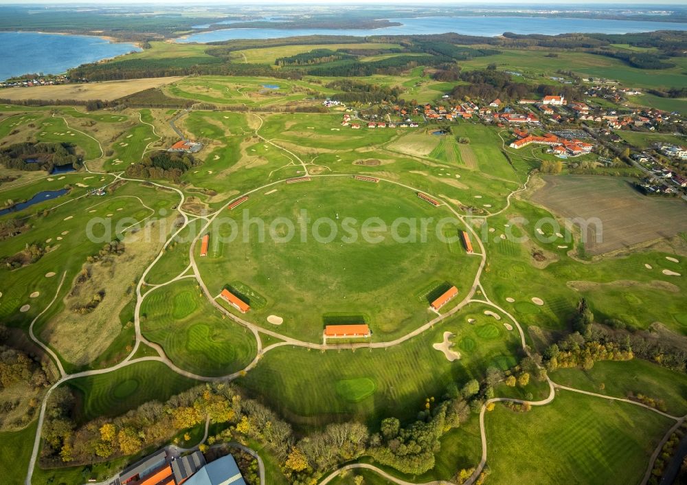 Göhren-Lebbin from the bird's eye view: The golfing facilities and the golf club in the borough of Göhren-Lebbin on lake Fleesensee in the state of Mecklenburg-Vorpommern. The borough is a renowned climatic spa with a local golf club consisting of 5 different courses and over 70 holes. There is also a round golf arena for training. The landscape is informed by the region of the Mecklenburg lake district