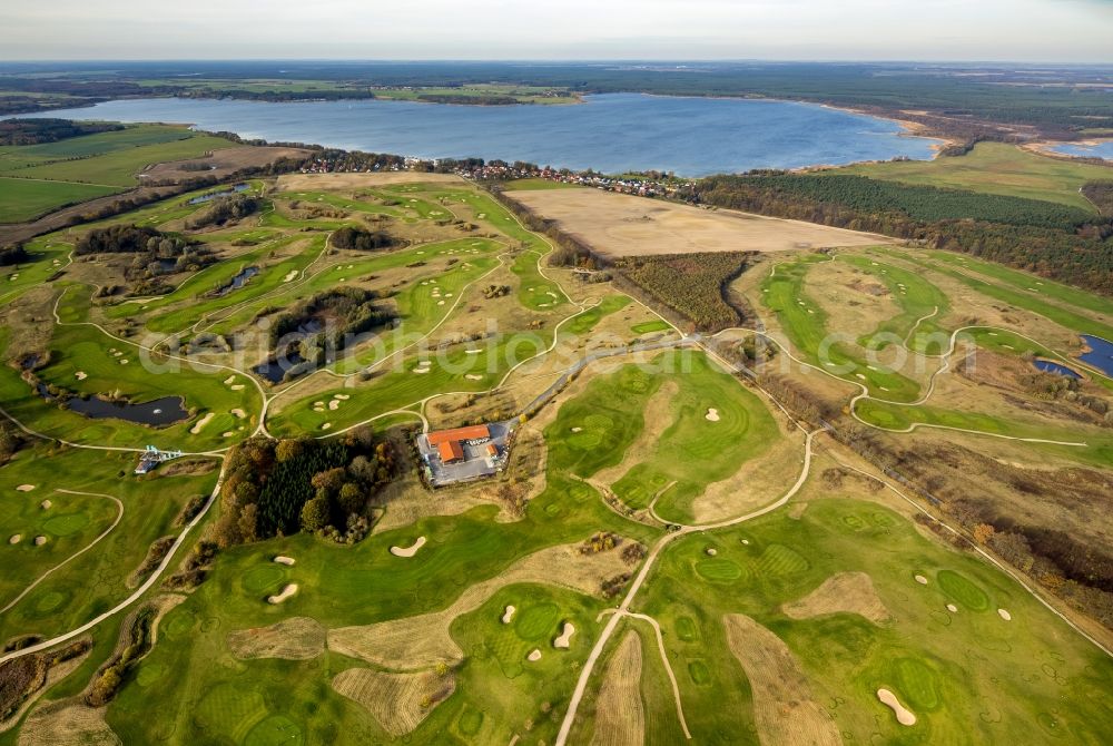Göhren-Lebbin from the bird's eye view: The golfing facilities and the golf club in the borough of Göhren-Lebbin on lake Fleesensee in the state of Mecklenburg-Vorpommern. The borough is a renowned climatic spa with a local golf club consisting of 5 different courses and over 70 holes. There is also a round golf arena for training. The landscape is informed by the region of the Mecklenburg lake district