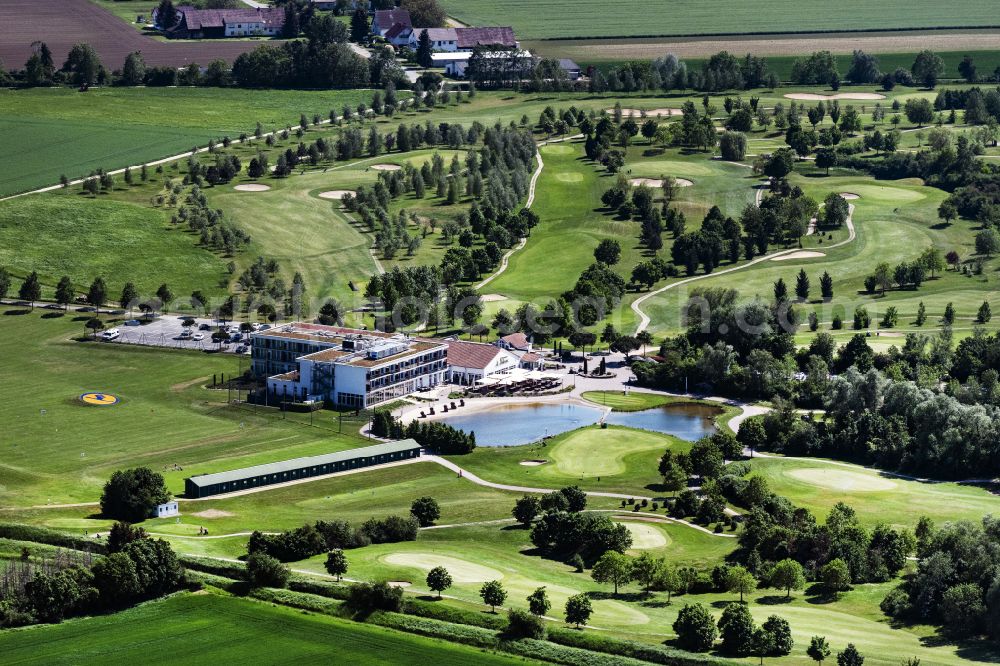 Allmendfeld from the bird's eye view: Grounds of the Golf course at Golfresort Gernsheim - GOLF absolute on street Golfparkallee in Allmendfeld in the state Hesse, Germany