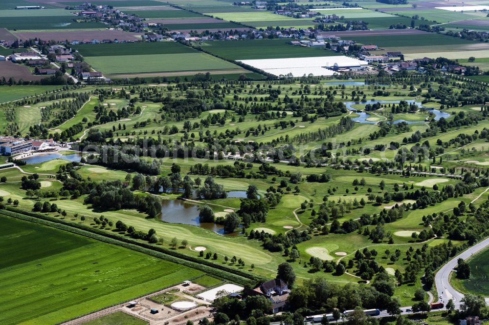 Aerial image Allmendfeld - Grounds of the Golf course at Golfresort Gernsheim - GOLF absolute on street Golfparkallee in Allmendfeld in the state Hesse, Germany