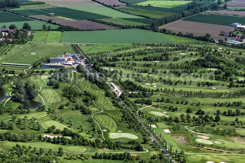 Allmendfeld from the bird's eye view: Grounds of the Golf course at Golfresort Gernsheim - GOLF absolute on street Golfparkallee in Allmendfeld in the state Hesse, Germany