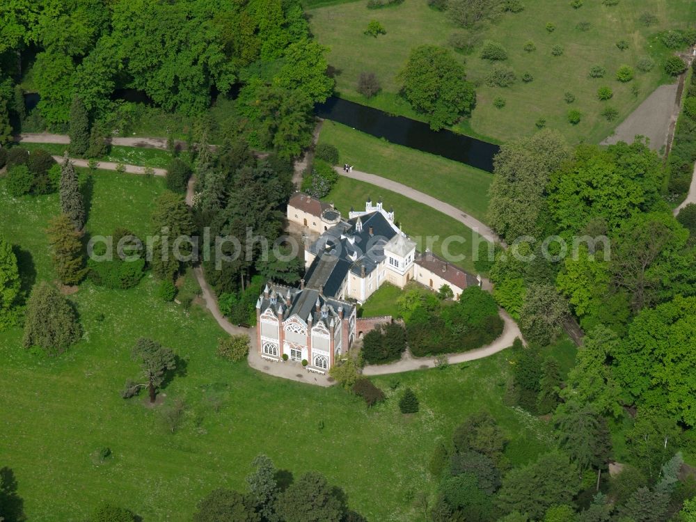 Aerial image Oranienbaum-Wörlitz OT Wörlitz - Gothic House in Schoch's garden in Wörlitz in Oranienbaum-Wörlitz in Saxony-Anhalt